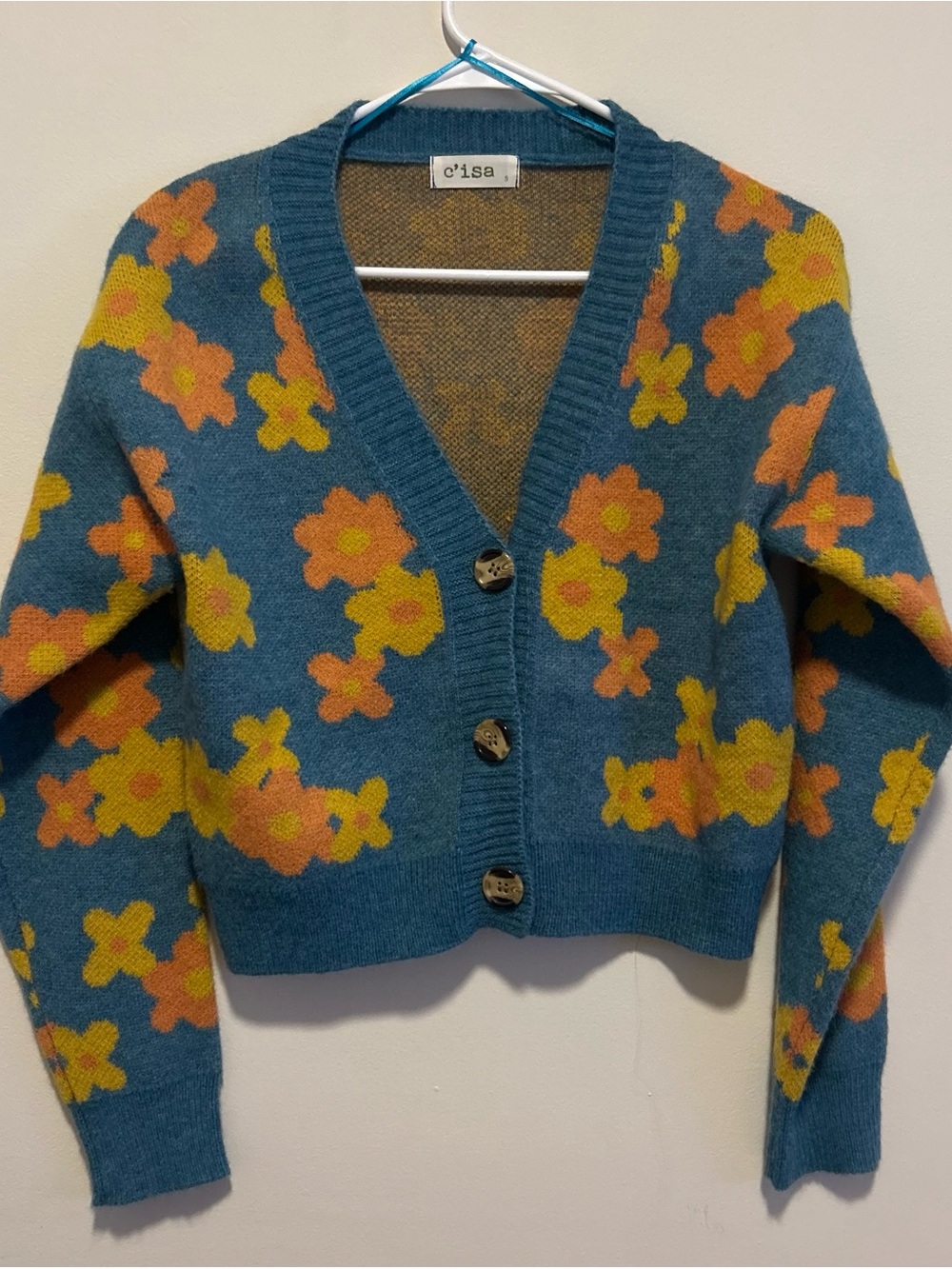 C’isa Blue Floral V-Neck Button Cardigan Sweater